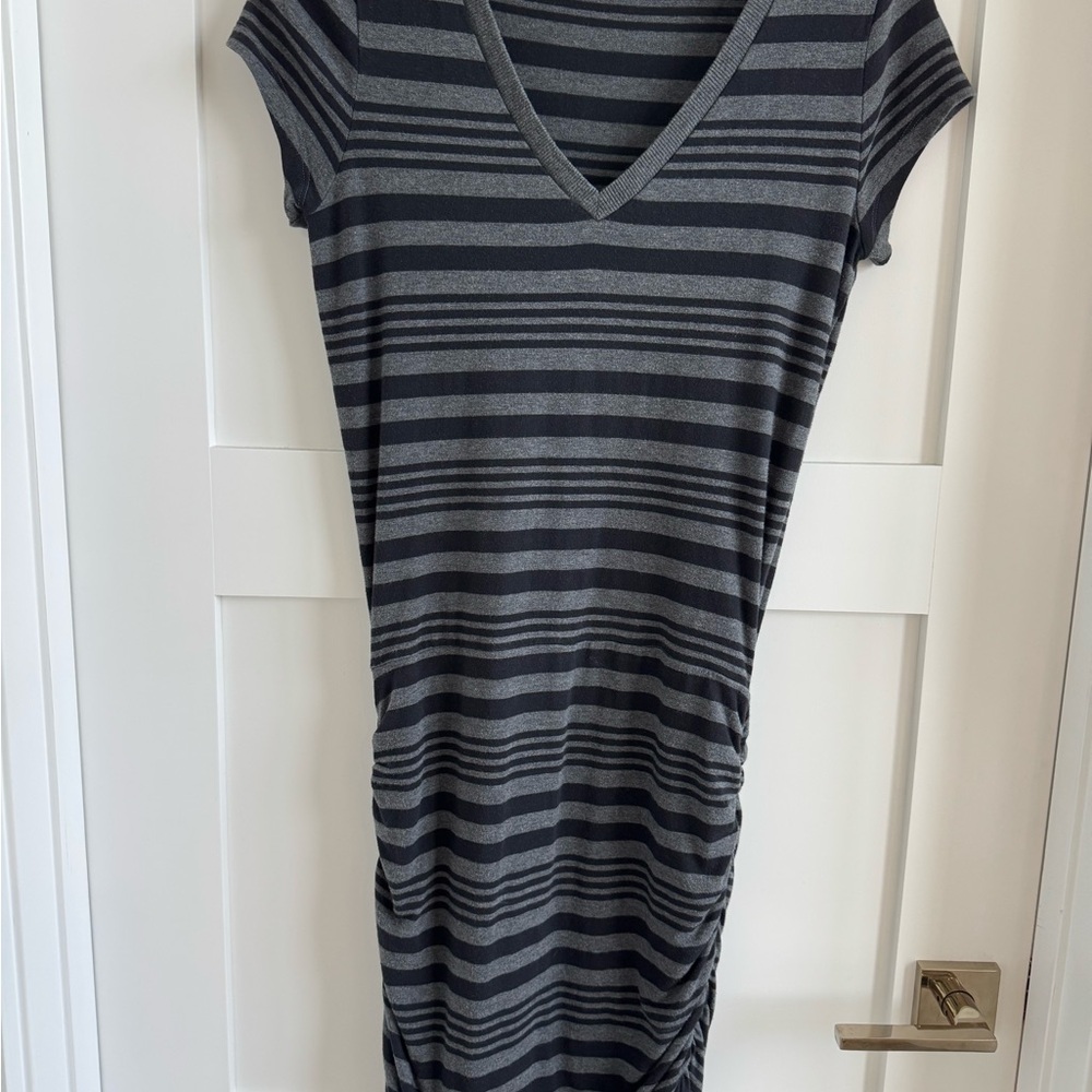 Athleta Gray Striped V-Neck Knit Dress